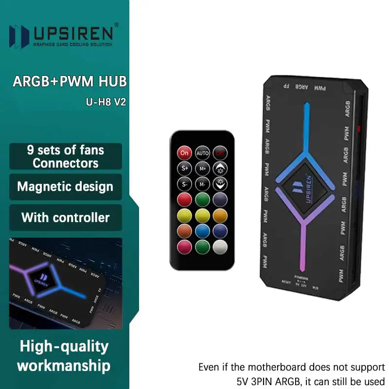 

UPSIREN U-H8 V2 Chassis fan HUB, SATA power supply/magnetic suction/ARGB/PWM 9-port 2-in-1/with controller