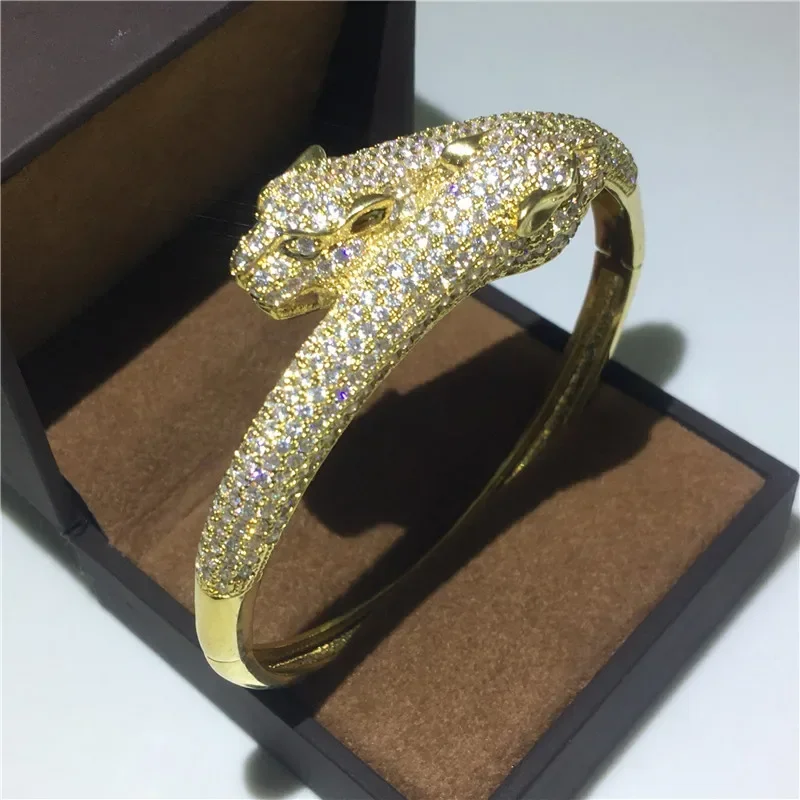 Handmade Pave 400pcs AAAAA Zircon Leopard Head Bangle Party Engagement Bangles Bracelets for Women Men Wedding Accessaries