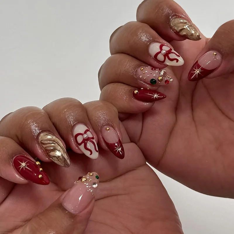 

24PCS Christmas Red French False Nails Sweet Bow Cherry 3D Golden Design with Diamonds Fake Nails Women Valentine's Almond Nails