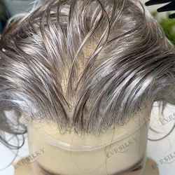 1B65 Grey Lace Front 100%Human Hair Men Toupee Q6 Breathable Swiss Lace& PU Base Male Hair Wigs Replacement Capillary Prosthesis
