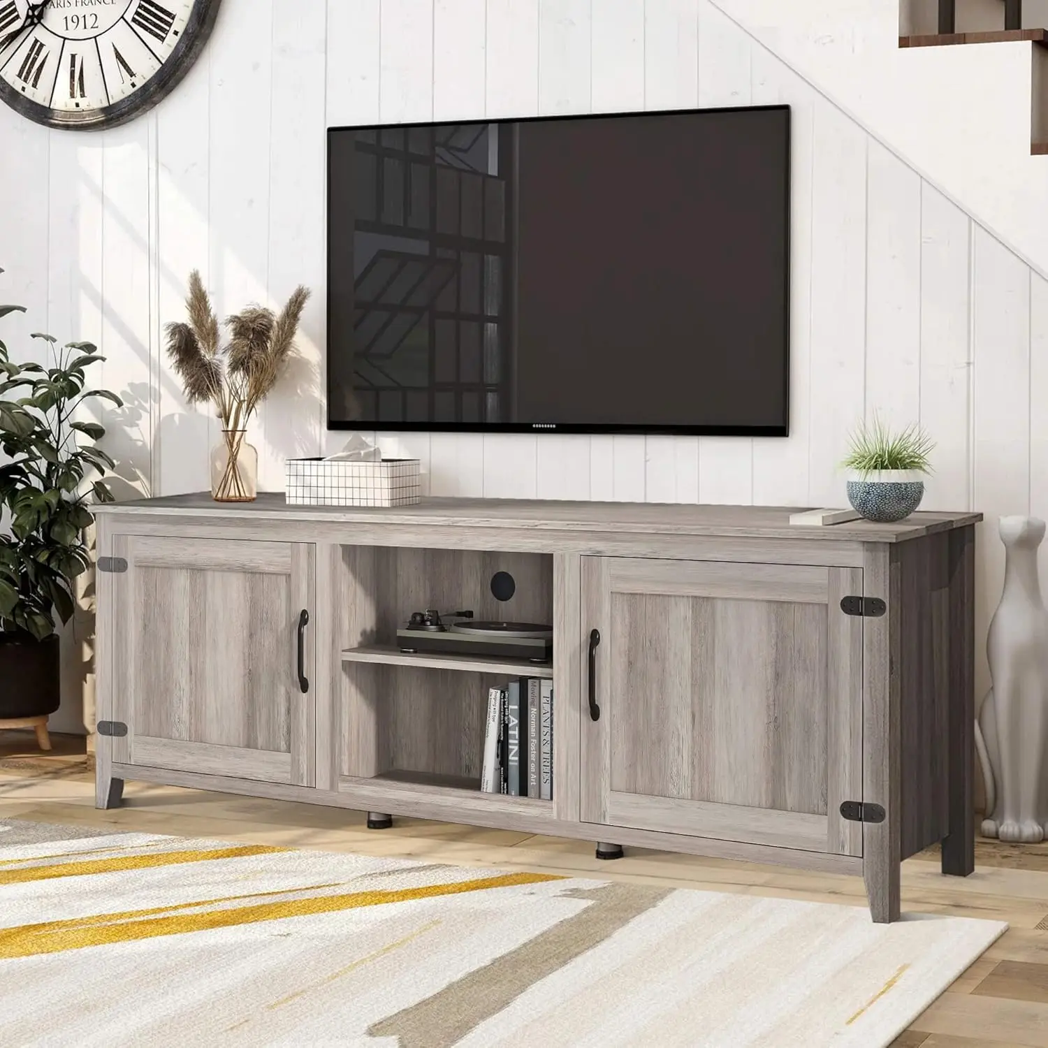 Grey TV Stand for 55/65/70/75/80 inch TV, TV Media Center, Rustic Entertainment Center with Doors Wood Storage Cabinet Media