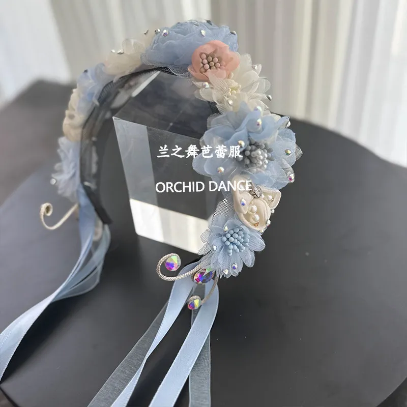 Ballet dance headpiece blue‑white 3D flower rhinestone long ribbon headband for ballet fresh themed stage repertoire performance