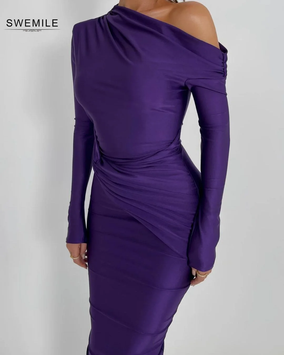 Wedding Party Dress One-Shoulder Long Sleeves Purple Formal Occasion Dresses Floor-Length Women\'S Evening Dresses Birthday