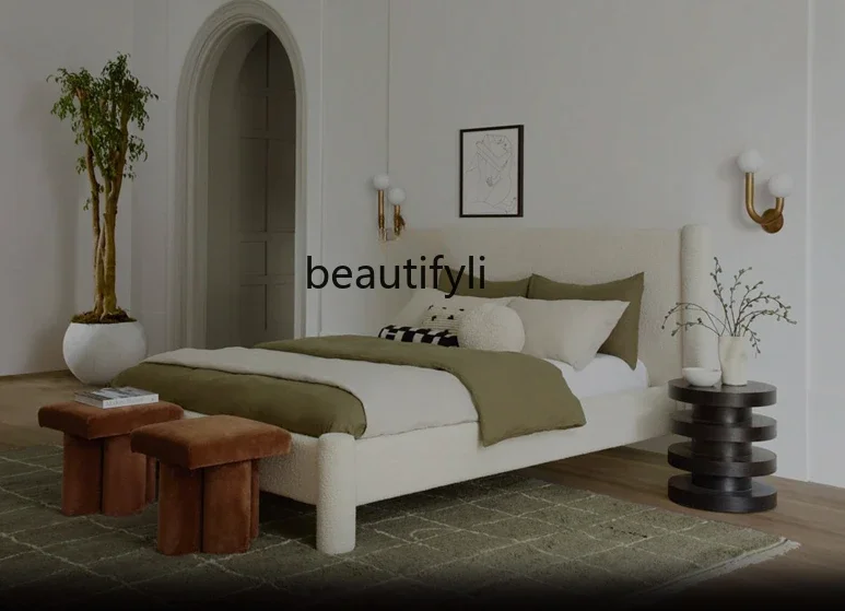 

Retro French Cream Style Fabric Bed Simple Bedroom Furniture Double Bed Silent Style Bed
