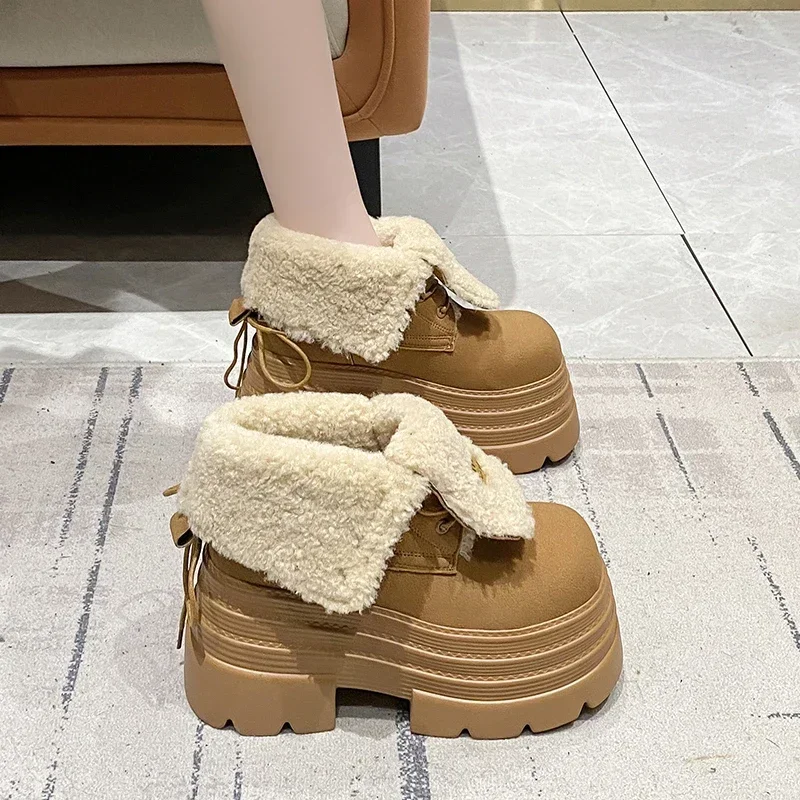 10CM Women Fur Snow Boots Suede High Heels Cotton Shoes Short Plush Casual Platform Ankle Boots Trend Winter Warm Botas De Mujer