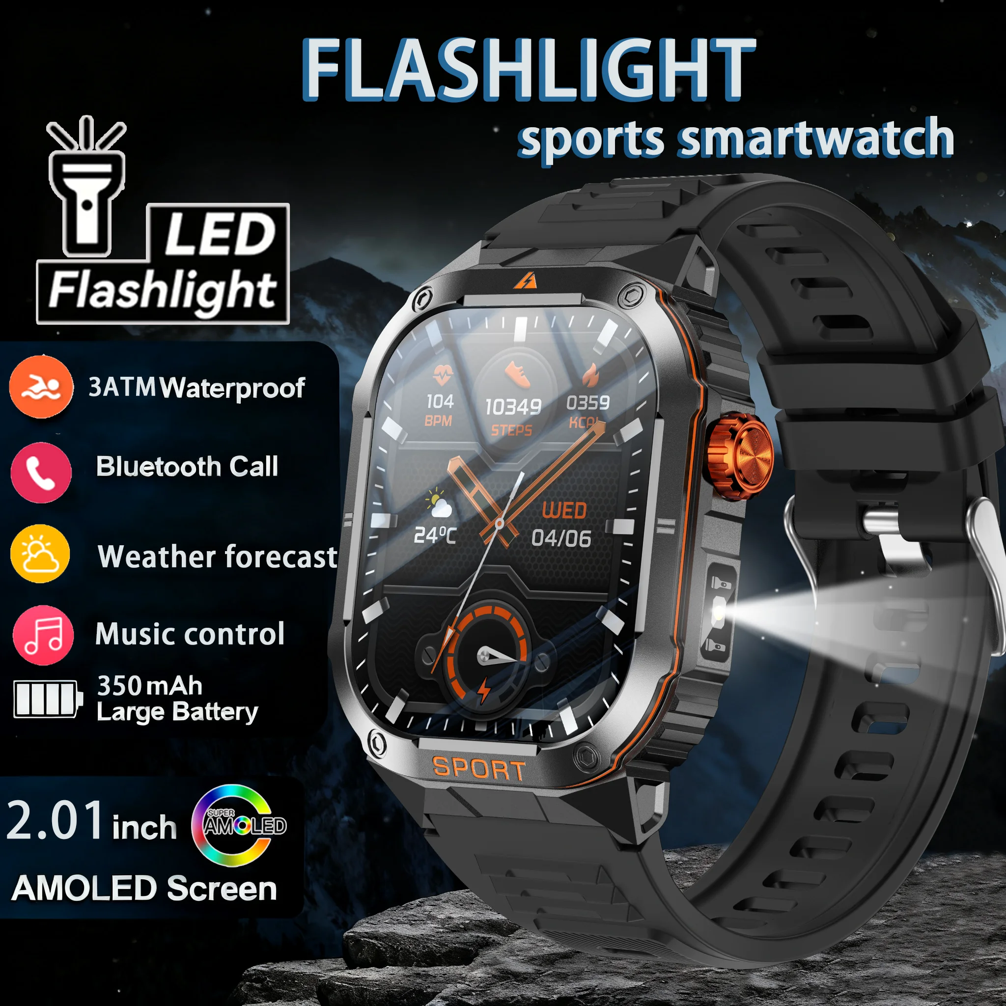 

2025 New 2.01 inch Tracker Smart Watches For Men Women 350mAh Battery LED Flashlight 3ATM Waterproof Bluetooth Call Smartwatch