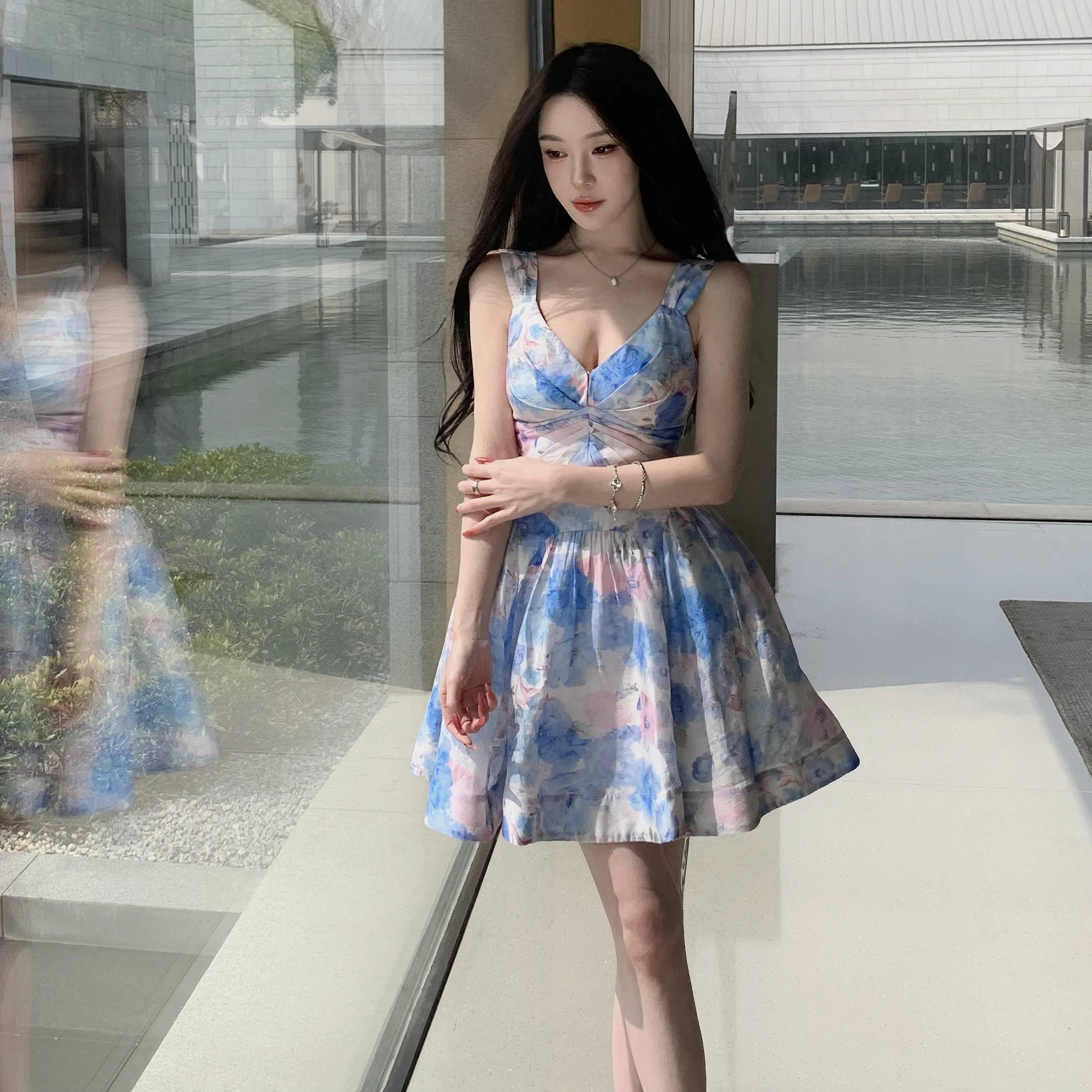 

Летняя женская юбка-трапеция с высокой талией и цветочным принтом, синяя, в стиле ханьфу