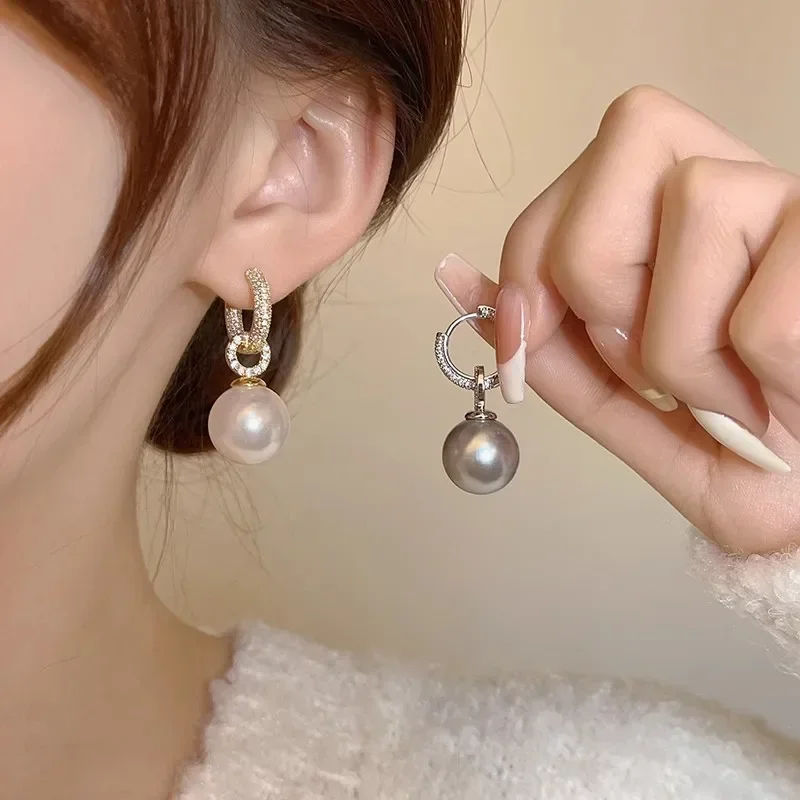 Huitan Women Simulated Pearl Drop Earrings Luxury Female Accessories for Engagement Wedding Chic Trendy Jewelry with Shiny CZ