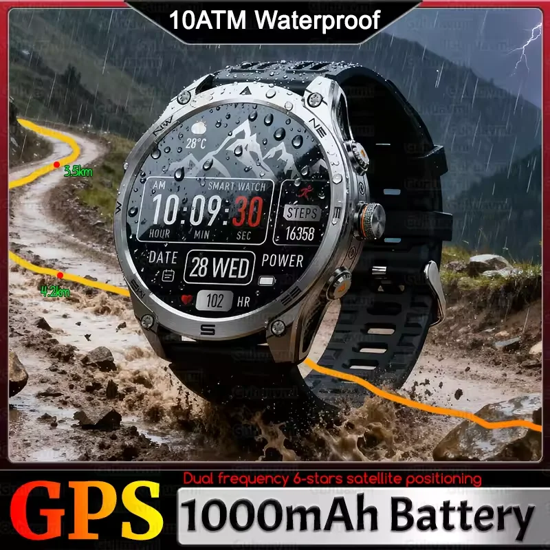 New Outdoor Military GPS Smart Watch 1000mAh Battery Bluetooth Call 1.75” AMOLED Screen 10ATM Waterproof Flashlight Sports Watch