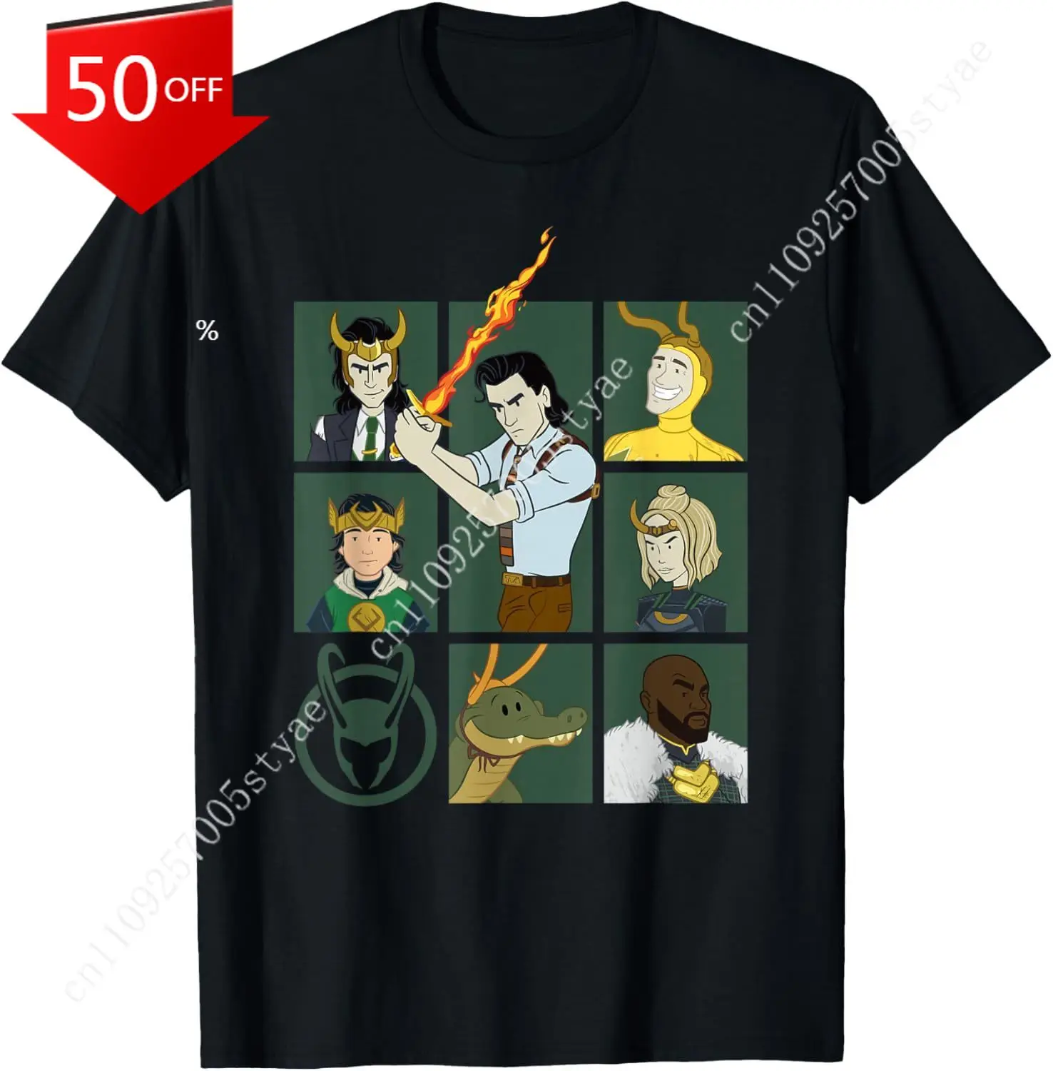 

Marvel Loki Variants Alligator Loki Sylvie Character Grid T-Shirt Men's Women's Lightweight Short-Sleeve Mens Womens T-Shirts