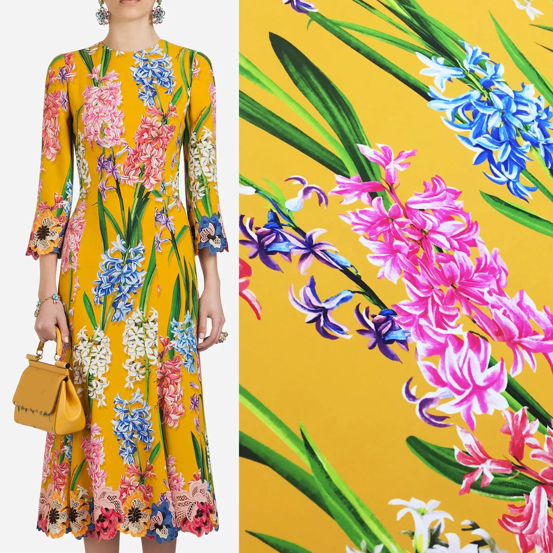 Polyester-Digitaldruckstoff, Herbst-Winter, handbemalte Hyazinthe für Kleider, Röcke, Nähmaterial, Stoffe pro Meter