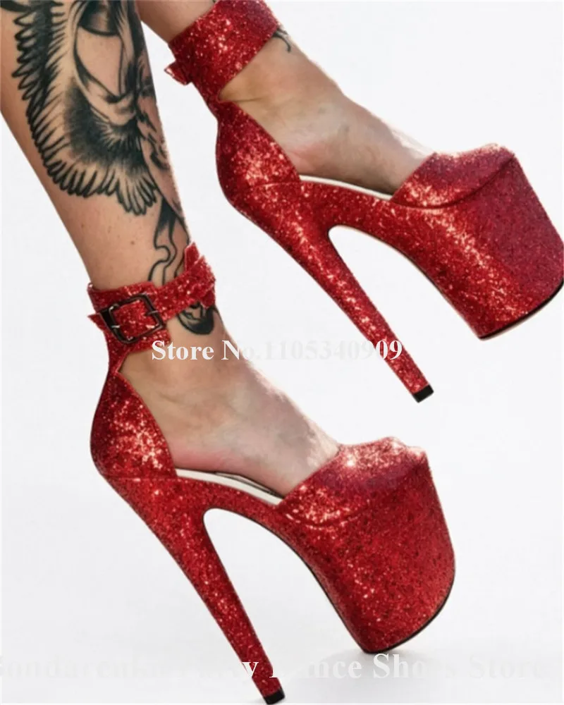 Bling Bling Red Silver Purple Glitters Stiletto Heel Sandals Peep Toe Ankle Straps High Platform 20cm Thin Heel Dance Shoes