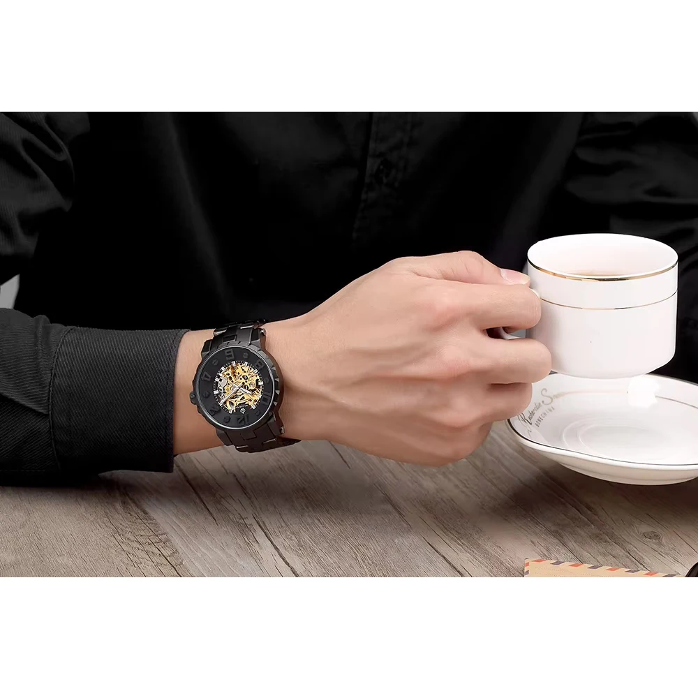 MG. ORKINA Men Wristwatch Golden Skeleton Clock Mechanical Male Wrist Watch Black Relogio Masculino Automatic Zegarek Meski