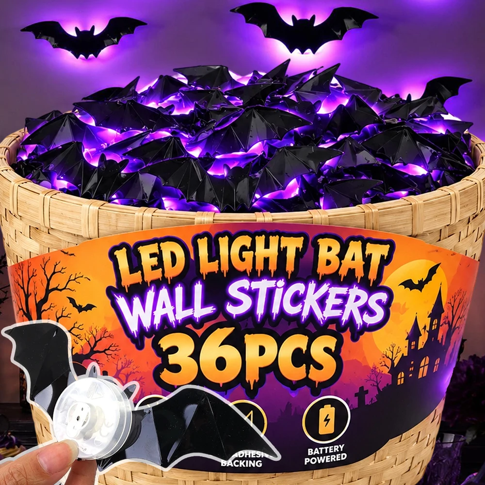 12/36Pcs LED Night Light Bat Wall Stickers Luminous Purple Light Self-adhesive 3D PVC Stereoscopic Halloween Party Scare Lamp