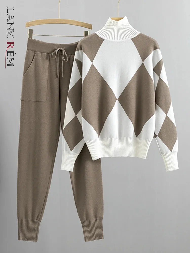 

LANMREM Fashion Knited Set Women's Turtleneck Plaid Sweater With Drawstring Elastic High Waist Pants Autumn Casual 2Z2433