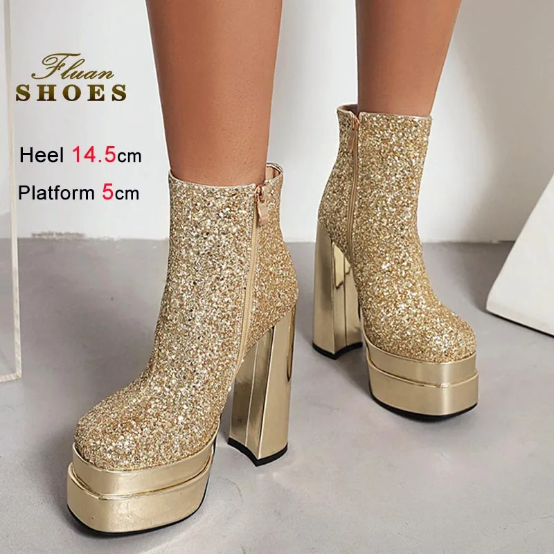 

New 14.5CM Super High Heels Lady Ankle Boots Fashion Sequin Wedding Banquet High Heels Shoes Nightclub Stage Show Short Boots CD