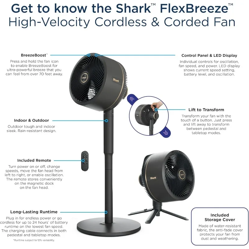 Shark FlexBreeze - مروحة داخلية وخارجية، سلكية ولاسلكية، قاعدة متأرجحة 2 في 1 وطاولة، بطارية تصل إلى 24 ساعة، FA202
