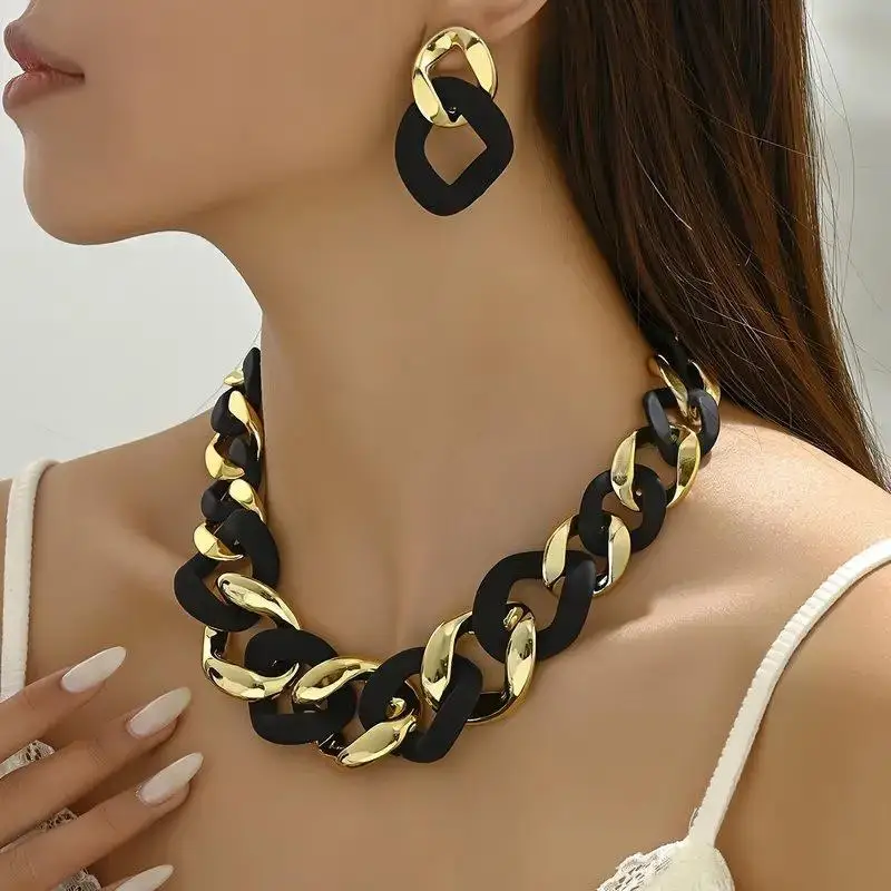 1Set Exaggerated Chunky Chain Jewelry Set Silver Tone Necklace Earrings for Women Trendy Accessory Holiday Gift