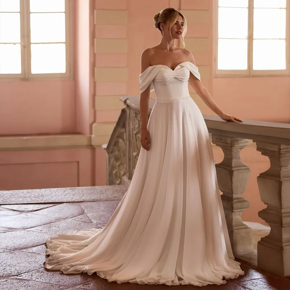Simple A Line Wedding Dresses Off Shoulder Chiffon Bride Dress with Beading Strapless Bridal Gown Vestido De Novia Customized