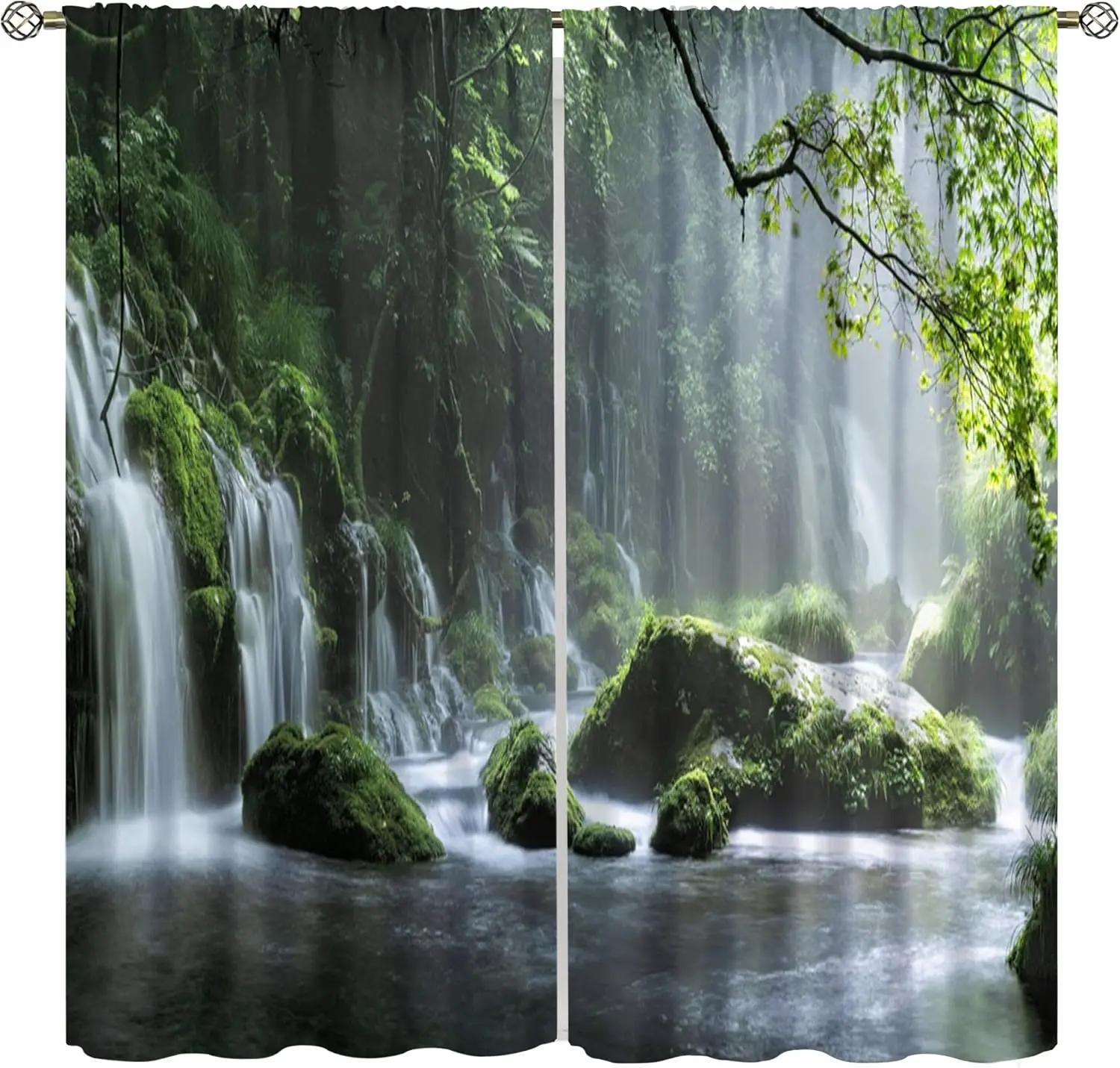 Serene Rainforest Stream Blackout Curtain Misty Moss Rock Waterfall Print Drape For Studio Balcony Relax Wild Nature Chic Window
