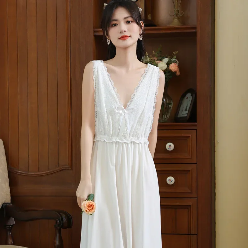 

Women Sleeveless Night Dress Summer Lace Cotton Long Nightgown Sexy V Neck Low Cut Slim Nightdress Sleepwear Princess Nightwear