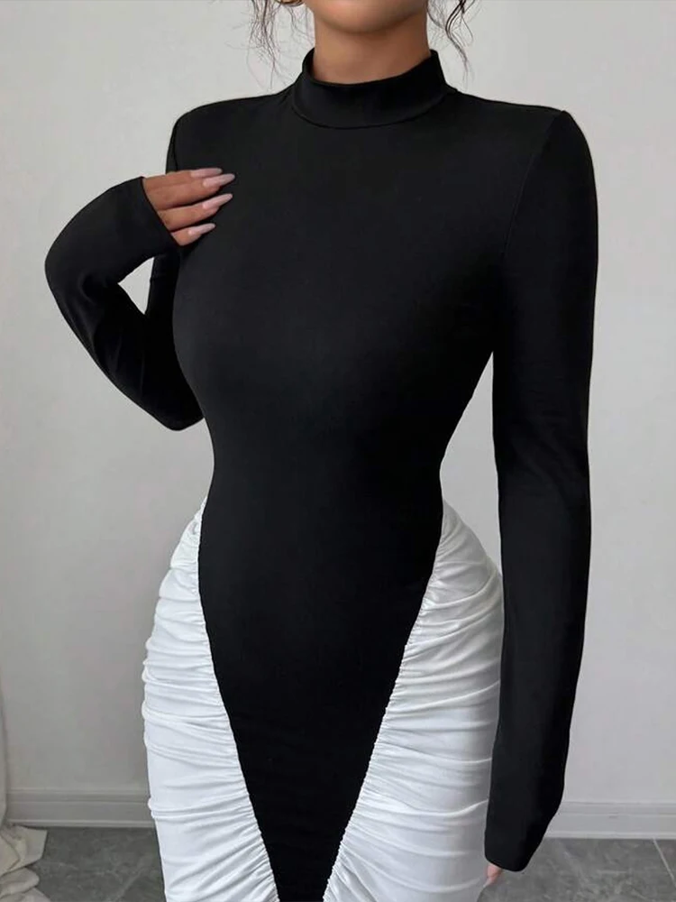 Sisterlinda Ruched Patchwork Dress Women Full Sleeve Color Block Peach Hip Elegant Sexy Simple Evening Stretch Skinny Bodycon