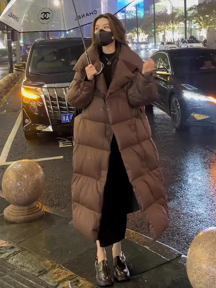 2026 الأبيض بطة أسفل سترة طويلة الخريف الشتاء سترة منفوخة المرأة موضة نفخة أسفل القطن معطف فضفاض سميكة الدافئة ملابس خارجية #6