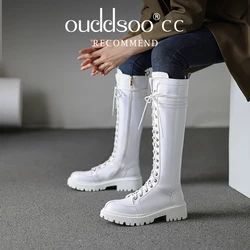 Ods Genuine Leather Women's High Knee Boots Winter Shoes Sexy Lace Up Black White Low Heels Party Shoes Girls Large Size 414243