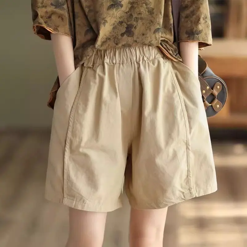 2025 여성 캐주얼 하이 웨이스트 루즈 코튼 린넨 반바지(포켓 포함) - 솔리드 컬러 통기성 자른 여름 반바지 G150