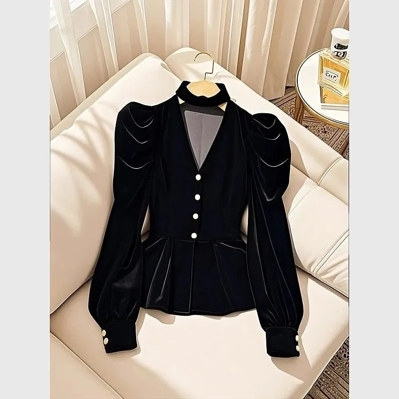 

Black Velvet Waist Cinched Shirt Women Shirts Blouse 2025 New High-End Hanging Neck Collar Unique Beautiful Temperament Top