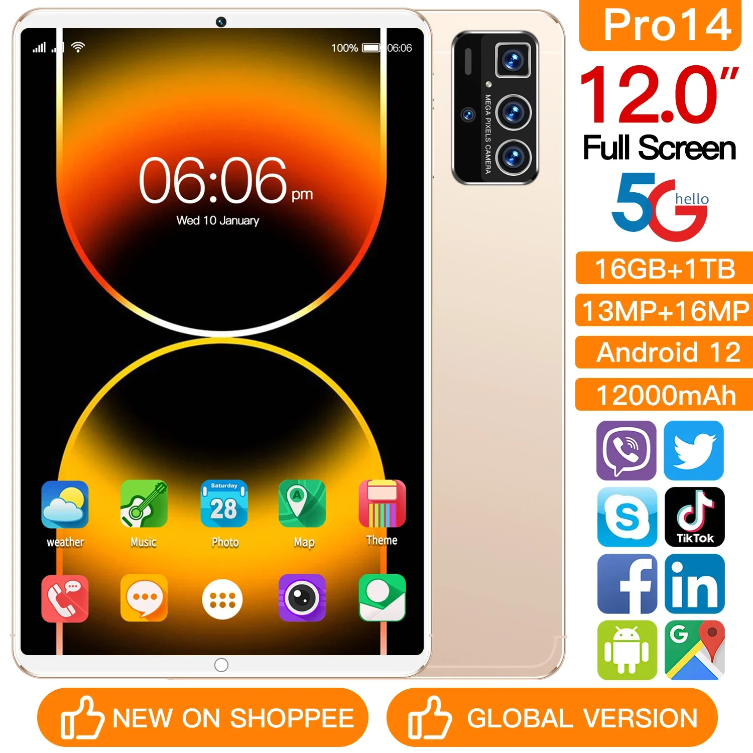 Pro14 Android 12 Tablet: With 13MP+16MP Cameras, Dual SIM, GPS, 16GB RAM, and 12-inch HD Screen - Your All-Rounder Device