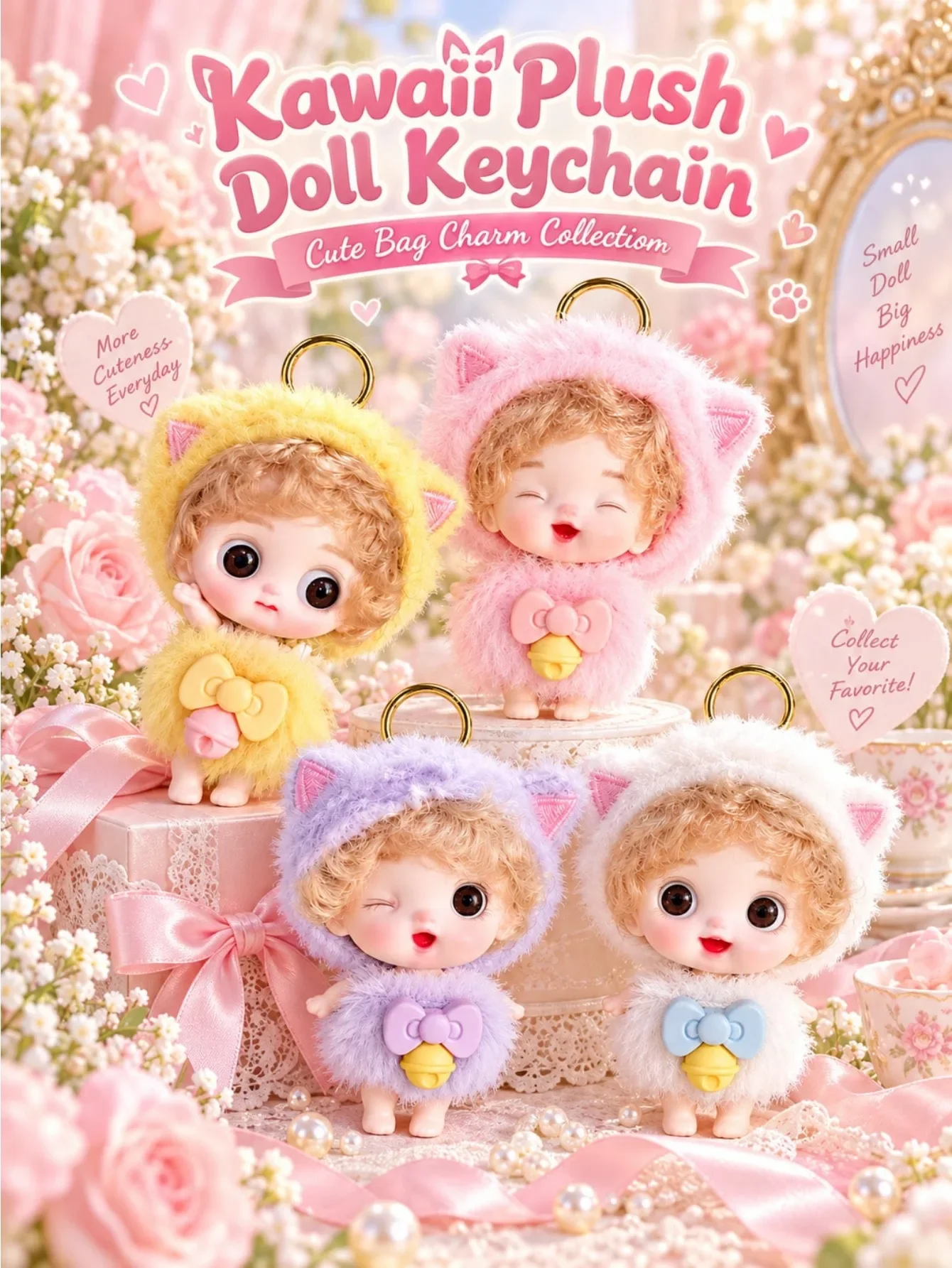 Kawaii Plush Baby Doll Keychain, Cute Cat Ear Doll Bag Charm, Soft Fluffy Pendant with Bow,Sweet  Style Backpack Accessory Gift