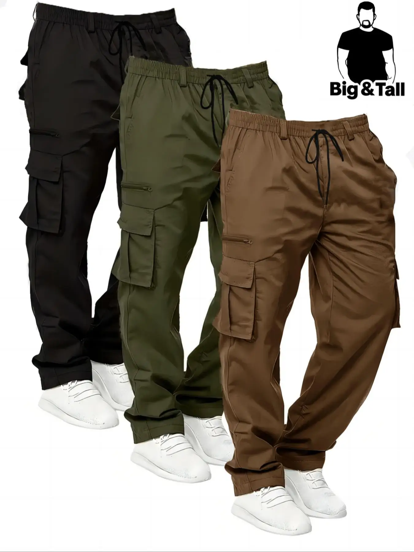 Large Size Men's Solid Color Straight Leg Work Trousers Three-Piece Set Comfortable Durable Design for Daily Wear And Outdoor Ac
