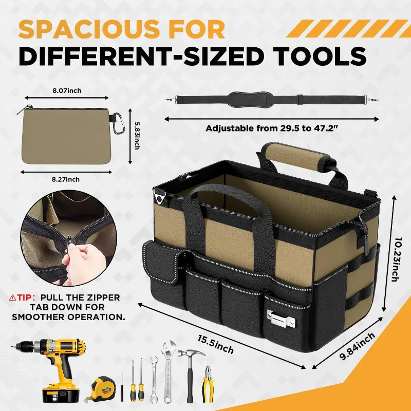 Large Capacity Portable Tool Bag Adjustable Shoulder Strap, Soft Handle, Durable Zipper Waterproof Organizer for Electricians