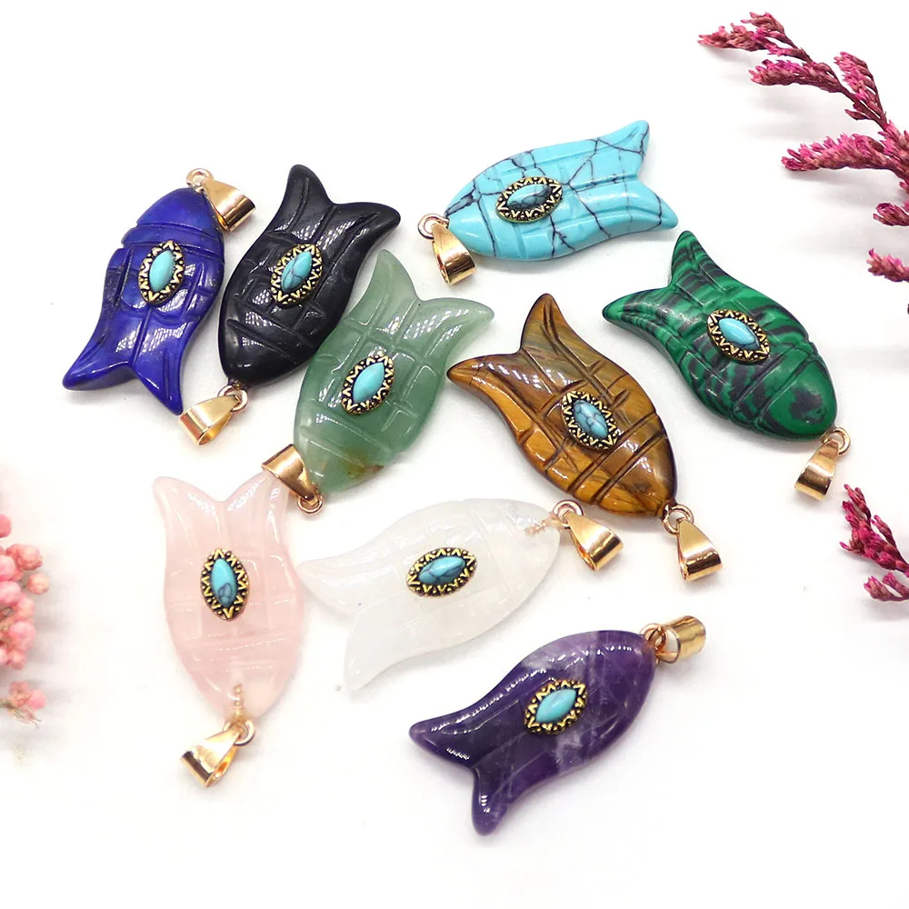 

Fish Shape Natural Amethyst Blue Turquoise Rose Quartz Pendants Inlaid Evil Eye Pattern Design Charms Jewelry Accessory 1pc/pack