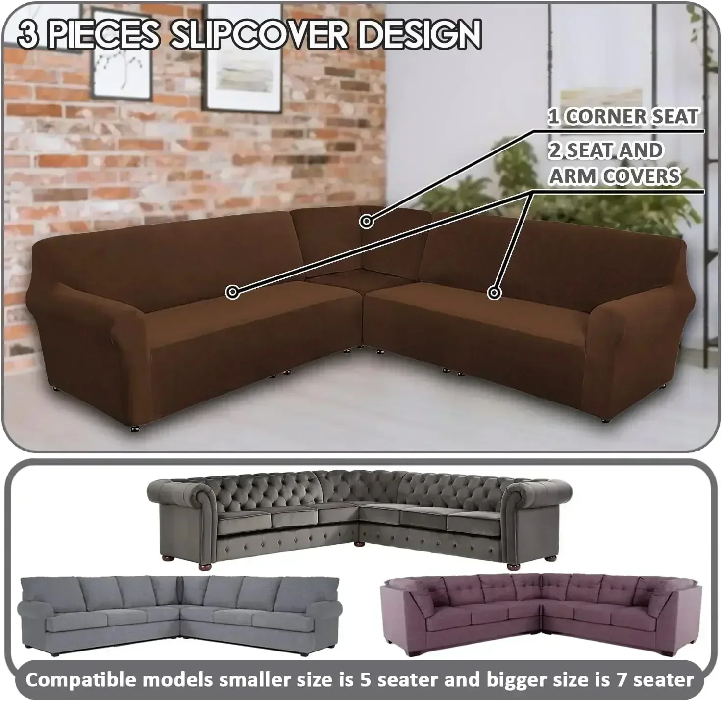 Thick Jacquard 3 Pcs L Shaped Couch Covers 7 Seater XL Size Sectional Corner Sofa Covers Stretch Sectional Couch Protector