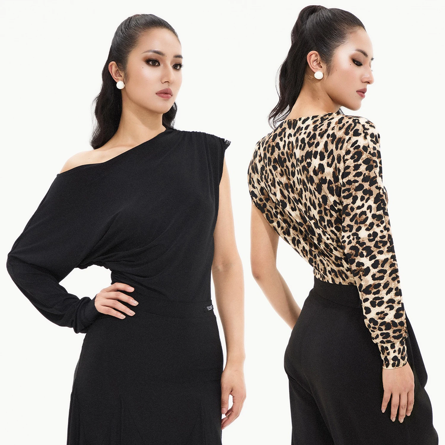 

One-Sleeved Latin Dance Tops Women Loose Practice Clothing Leopard Black Onesie Adult Ballroom Dance Performance Wear DNV23445
