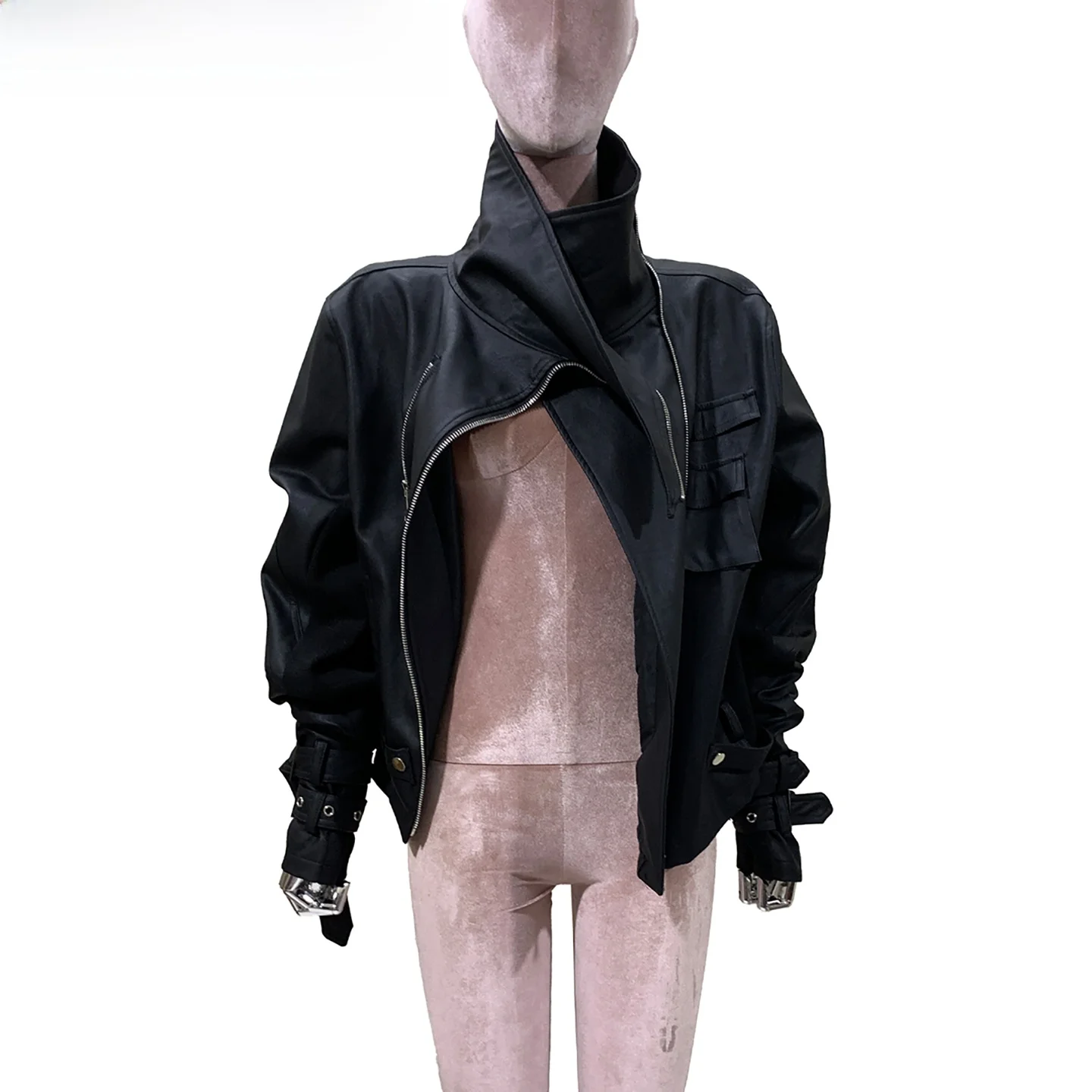 Black Motorcycle PU Leather Jacket Women's Slim Fit Short Style Cool Windproof Waterproof Fashionable Streetwear