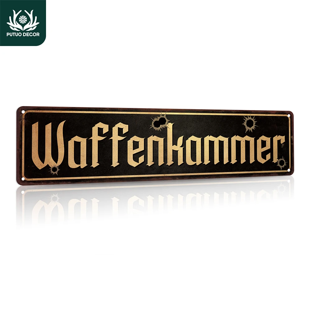 Putuo Decor 1pc German Vintage Metal Tin Sign, Waffenkammier, Wall Art Decor for Home Garage Man Cave Tool Room, Gift