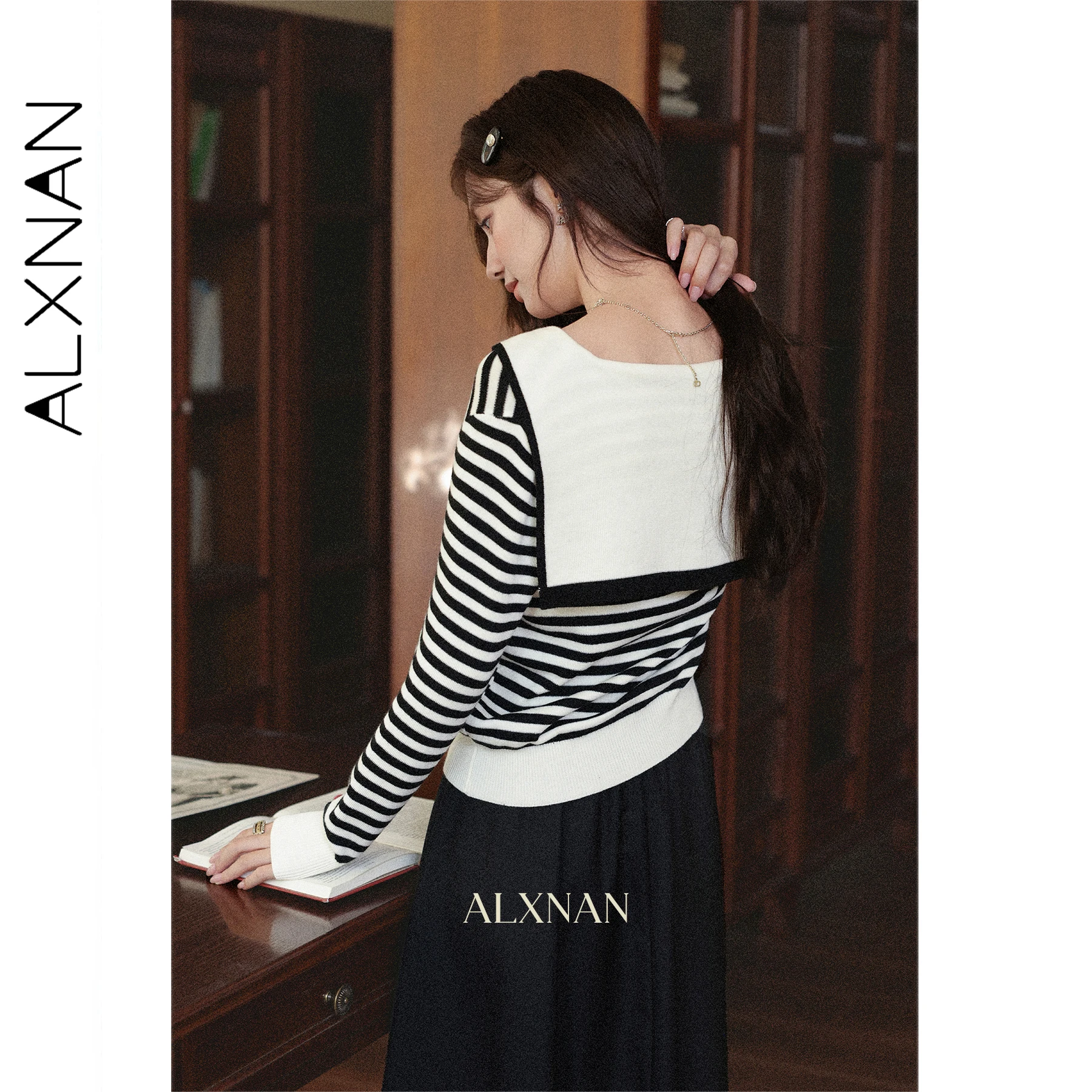 ALXNAN темно-синий полосатый свитер с воротником, женские осенние шерстяные элегантные пуловеры с длинными рукавами, 2025 г., повседневные свободные женские топы L57252