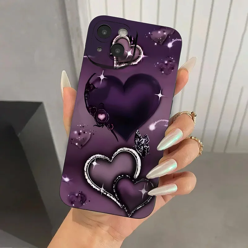 Coque de téléphone en TPU motif cœur violet pour iPhone 17 16 Pro, étuis pour iPhone 16E 11 12 13 14 15 Pro Max XS X XR 7 8 16 Plus