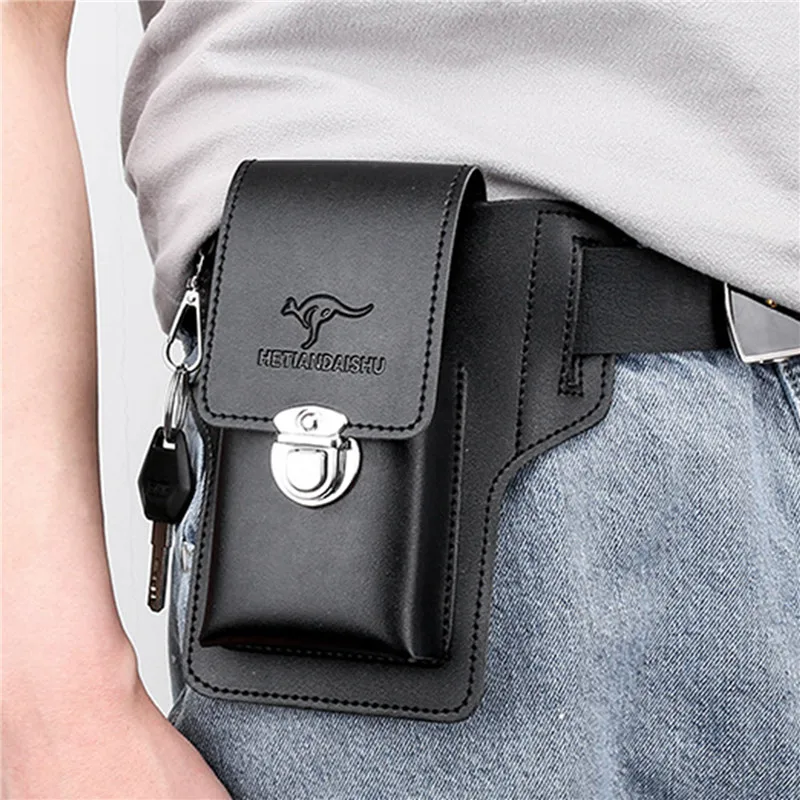 men\'s Mini Waist Pack Multifunctional PU Leather Key Bag With Belt Male Waist Bags Cell Phone Loop Holster Phone Pouch Wallet