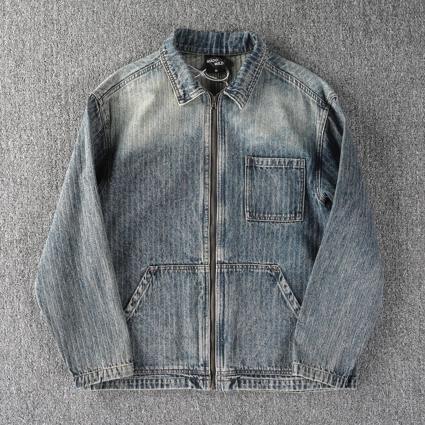 Vertical Striped American Retro Gradient Washed Distressed Workwear Denim Jacket Men's Autumn Casual Jacket Top