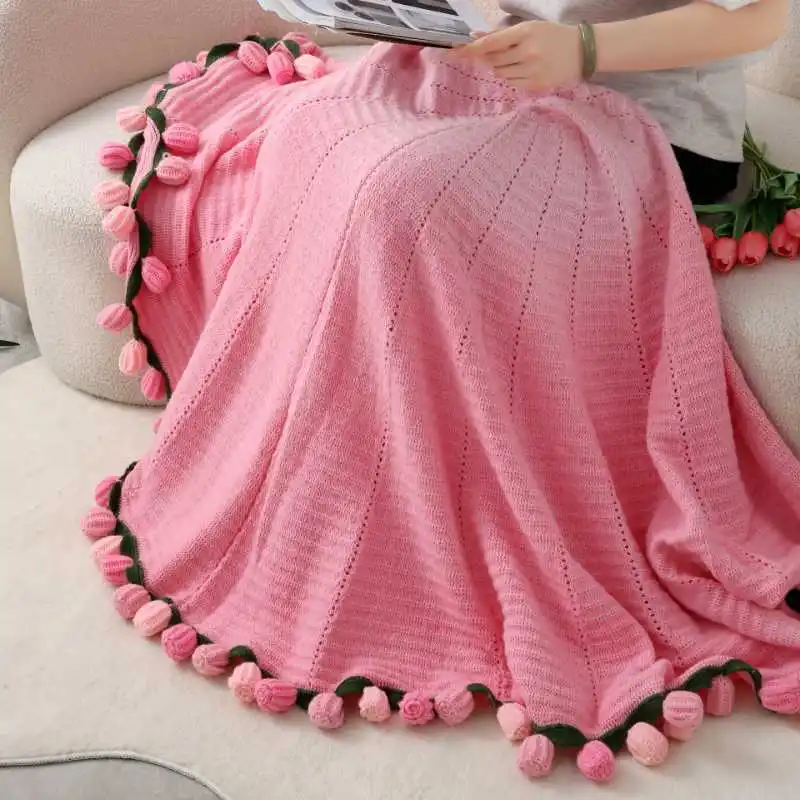 Hand Dyed Blanket Handmade Rose Pattern Blanket Imitation Cashmere Knitted Gradient Finished Throw Blanket