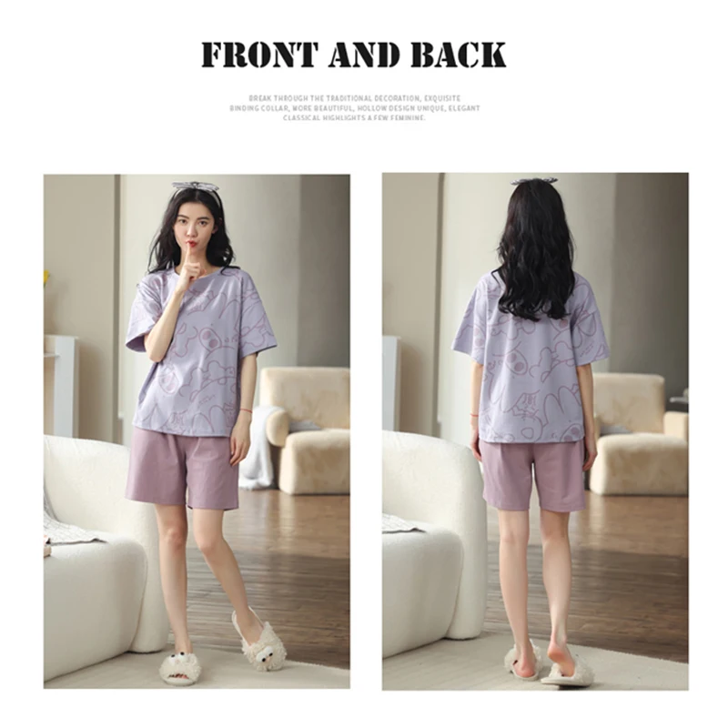 MiiOW Summer Loose  Breathable Cotton Soft Set Woman 2 Pieces Women\'s Pajama Set Short Sleeve Shorts Homewear Pyjama Pour Femme