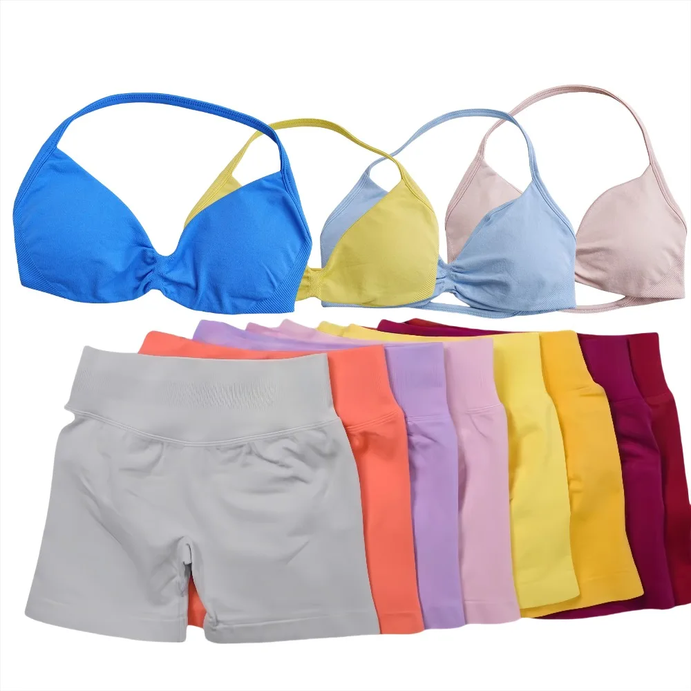 

Европейский и американский новый женский высококачественный комплект с тонкими бретелями, фитнес-бюстгальтер с подвесным воротником, удобные шорты с подтяжкой бедер