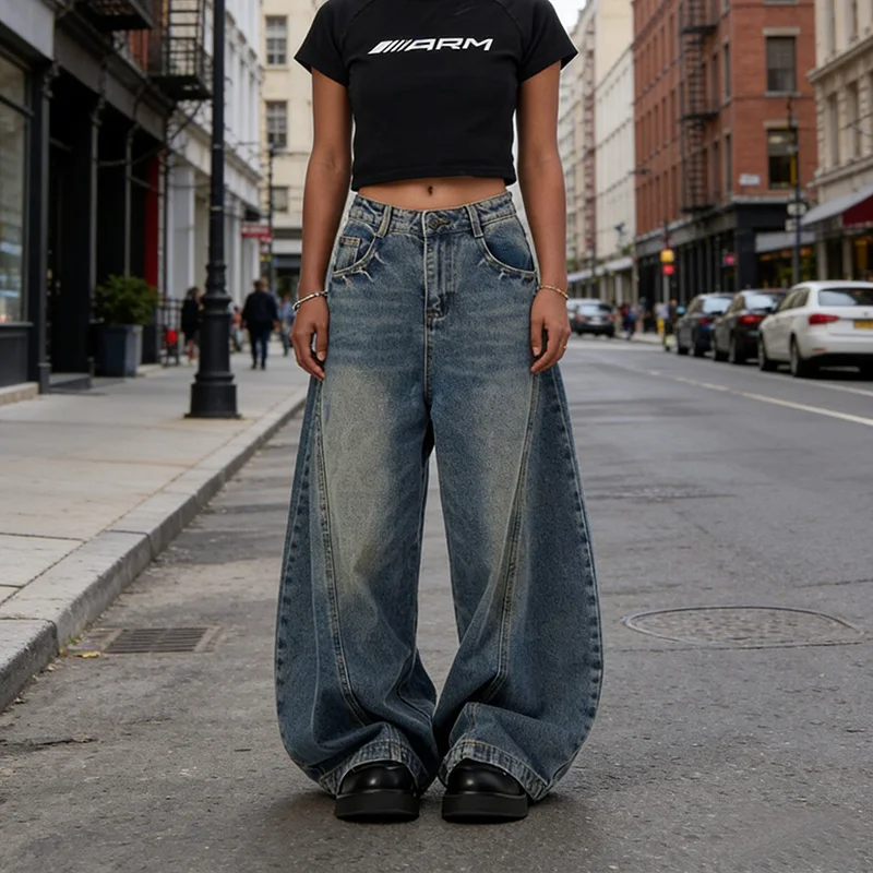 

2026 Classic Lady High Waist Jeans Female Solid Baggy Wide Leg Denim Trousers Girls Streetwear Casual Thin Pants