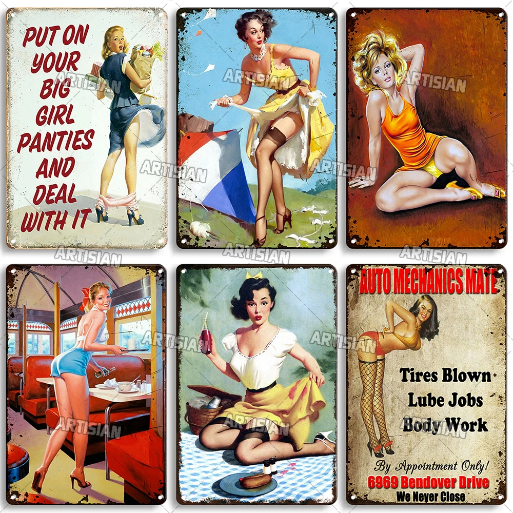 Rusty Pin Up Girl Metal Poster Decorative Plate Home Bar Cafe Metal Tin Sign Vintage Retro Metal Plaque Wall Industrial Decor