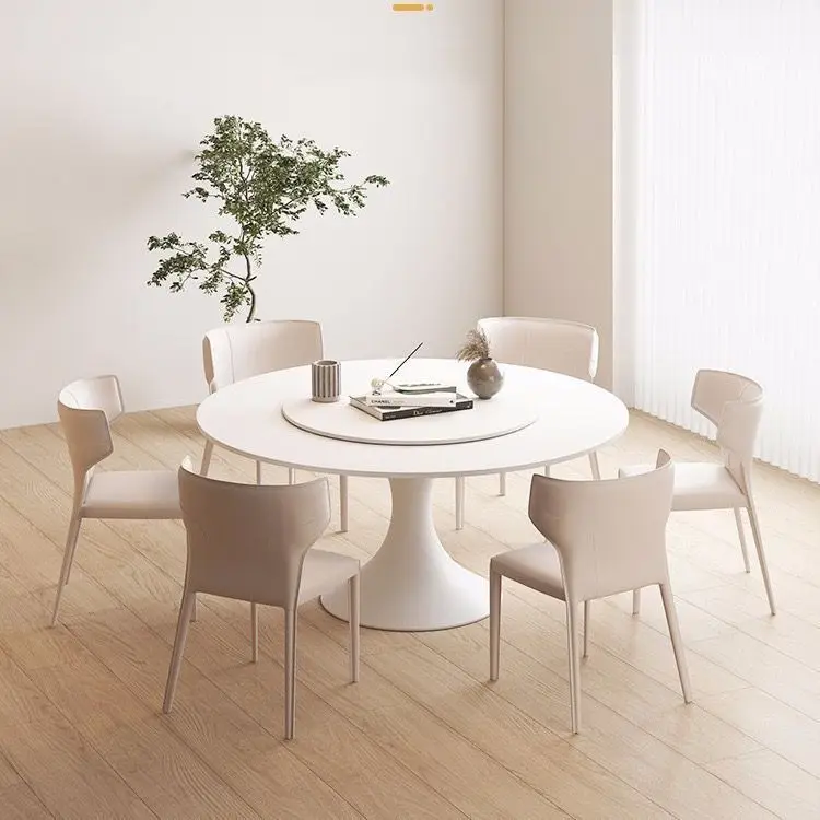 Slate, dining table, household, small apartment, dining room, dining table, simple, modern, creamy, round, white, with turntable