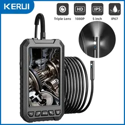 KERUI Dual & Triple Lens Industrial Endoscope Camera 5'' LCD Borescope Inspection Mini Camera 1080P Digital Waterproof For Car